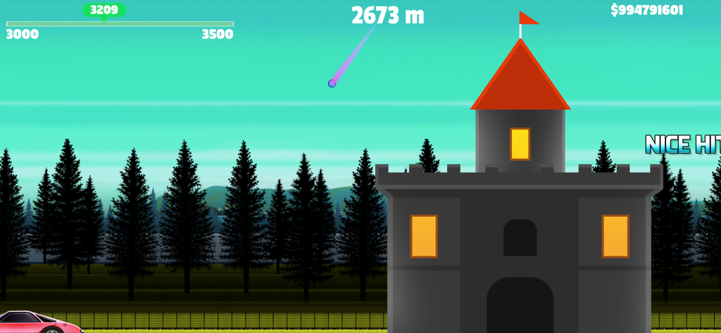 Gameplay de Baseball flick mostrando uma rebatida de home run voando por um castelo com rastreamento de distância.