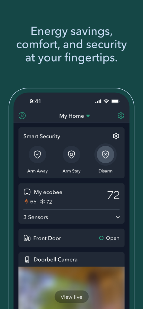 ecobee - Ecobee app dashboard showing smart security controls and home temperature