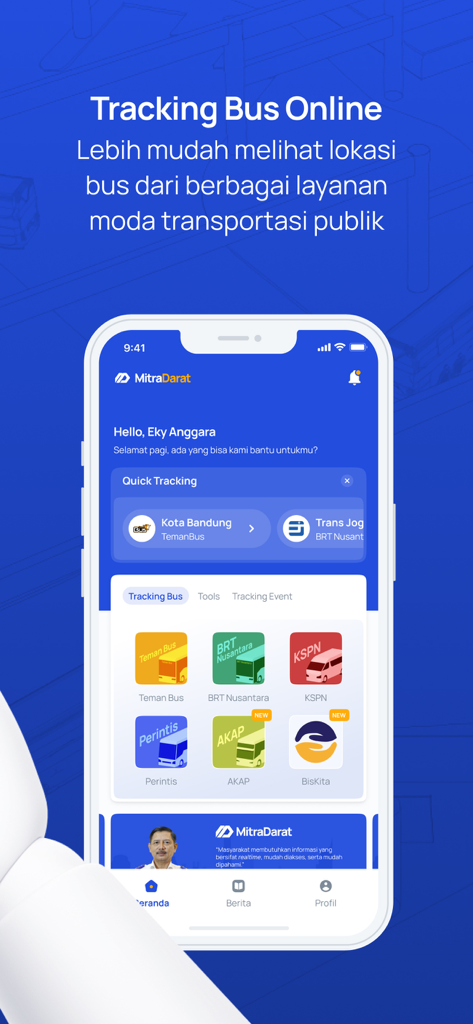 MitraDarat - Interface do aplicativo MitraDarat para rastrear ônibus públicos na Indonésia.