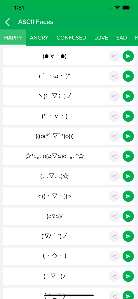 Complement For WhatsApp Chats - A mobile app screen showing a variety of happy ASCII art faces and emoticons with share and send options.