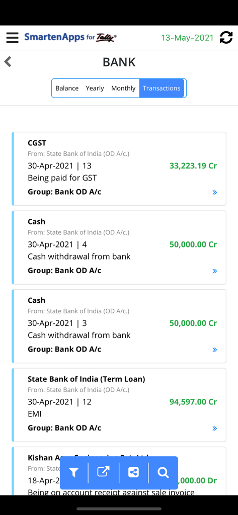 SmartenApps for Tally - Screen display of bank transactions and GST payments in the SmartenApps for Tally mobile app