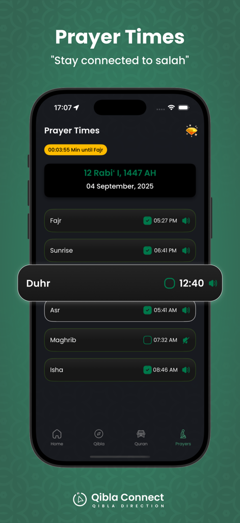 Qibla Connect® - Salah Times - Interface of Qibla Connect app showing daily prayer times and countdown to Fajr