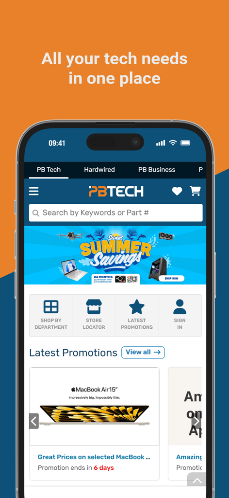 PB Tech - L'écran d'accueil de l'application mobile PB Tech présente des produits technologiques et des promotions saisonnières.