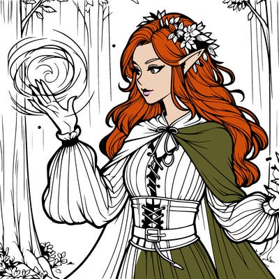 realistic elf in forest using her magic powers