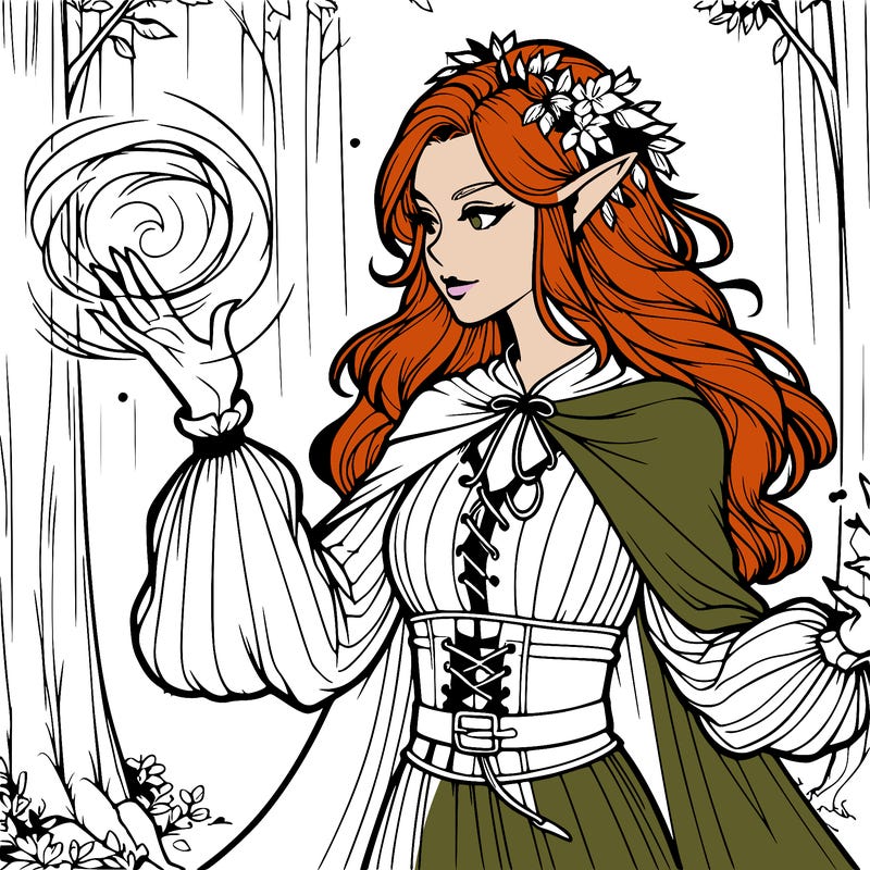 realistic elf in forest using her magic powers