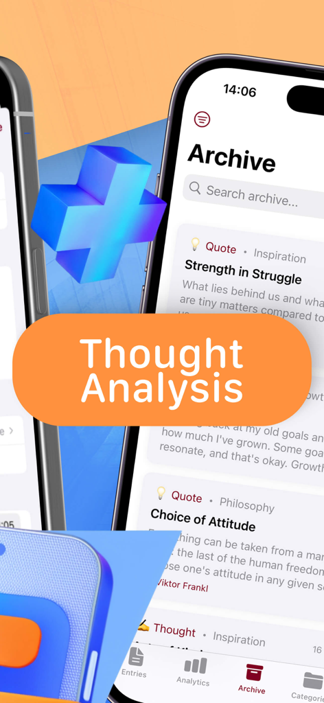 Superquote: Diary Book - Superquote app interface featuring archived quotes and personal thought analysis.