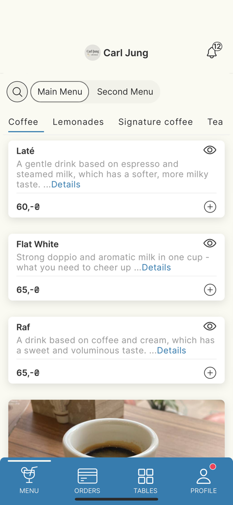 Mobile Cafe - Digital menu interface of the Mobile Cafe app displaying coffee options and categories for cafe staff