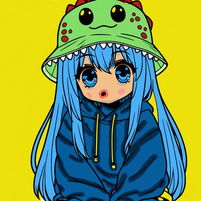 girl with anime shaped eyes with a dinosaur bucket hat oversized sweatshirt long straight hair
