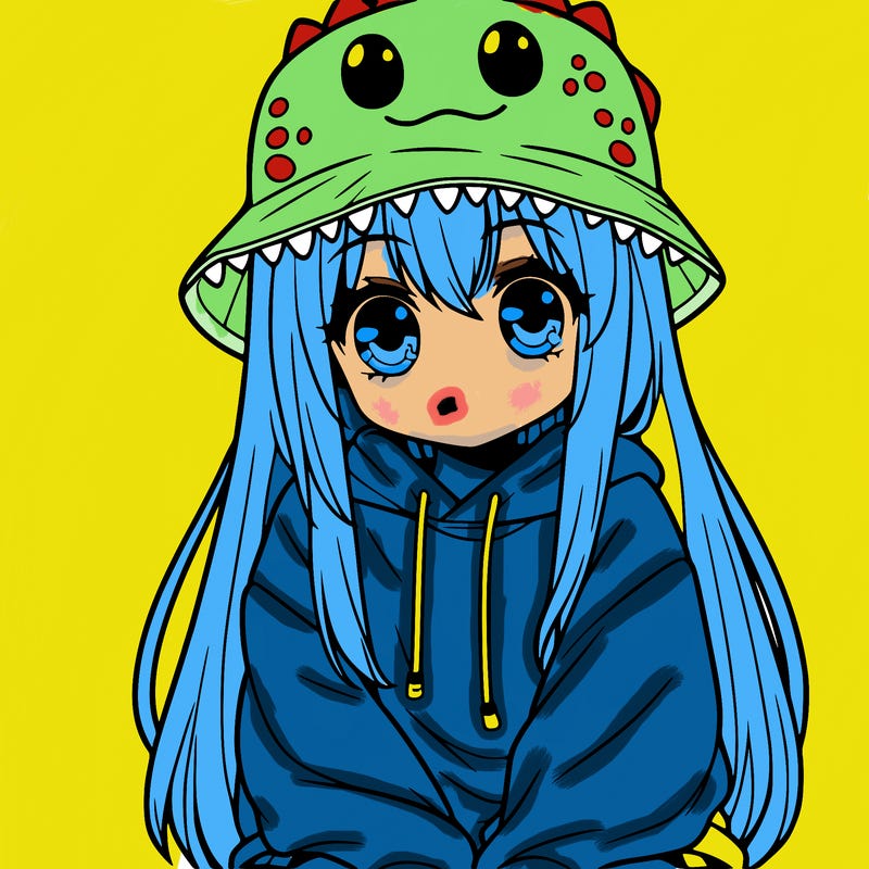 girl with anime shaped eyes with a dinosaur bucket hat oversized sweatshirt long straight hair