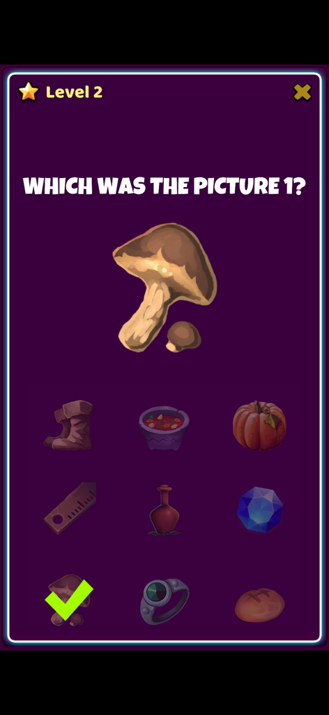 Brain Teaser Mind Game - 두뇌 퀴즈 마인드 게임의 기억력 챌린지 레벨, 아이템 그리드에서 올바르게 식별된 버섯 표시
