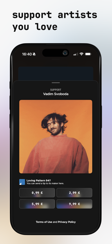Mobile interface showing the artist tipping feature in the Carbon electronic music app