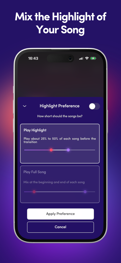 Offtrack: the real AI DJ app - Offtrack AI DJ app highlight preference settings screen