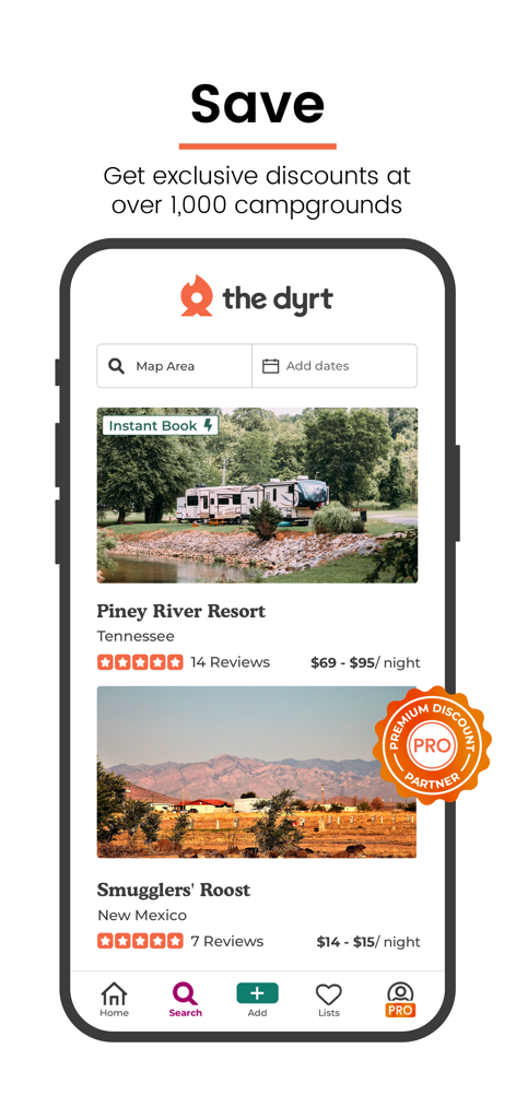 The Dyrt app interface showing campground listings with exclusive discounts and a PRO partner badge.
