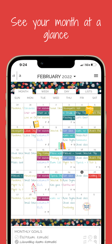 Monthly calendar view of Artful Agenda showing color coded events and digital stickers