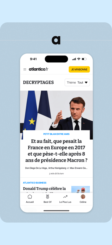 Interfaz de la aplicación de noticias Atlantico que muestra análisis político e ideas de expertos