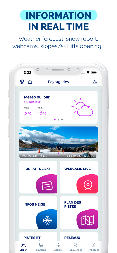 N'PY mobile app dashboard displaying real-time weather and ski resort information