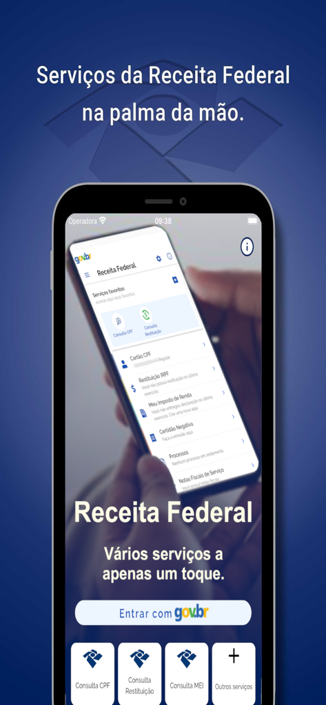 スマートフォン上のReceita Federalアプリのインターフェース。ブラジルの税金とCPFサービスを表示。