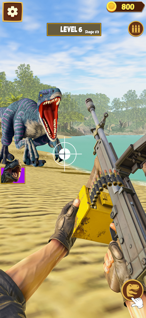 Dinosaur Hunting-Universe Game - First person shooter view of a player aiming a machine gun at a roaring blue dinosaur on a beach