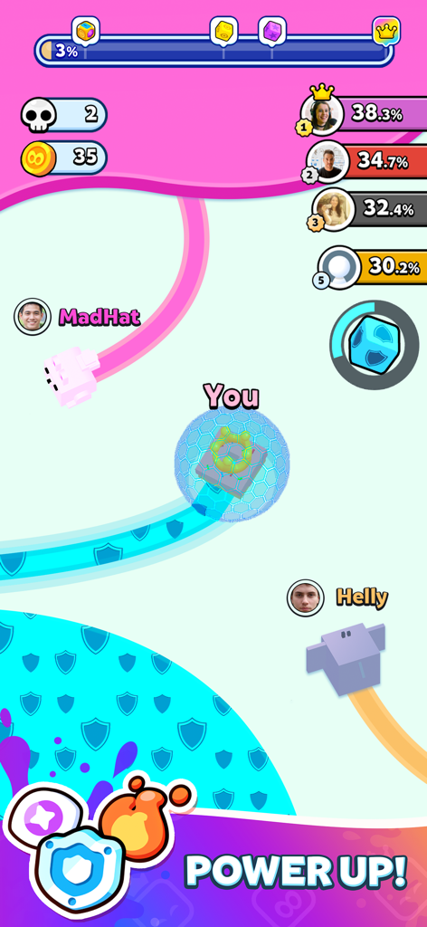 Une capture d'écran du gameplay de Paper.io 2 présentant un personnage de joueur avec une amélioration de bouclier active et le classement compétitif.