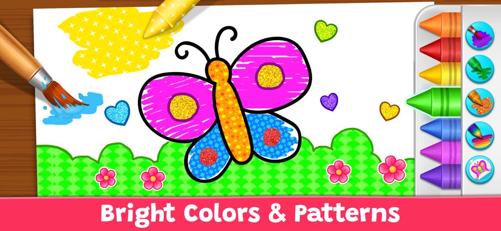 Coloring Games: Painting, Glow - A colorful butterfly being decorated with bright patterns and glitter in a kids coloring app