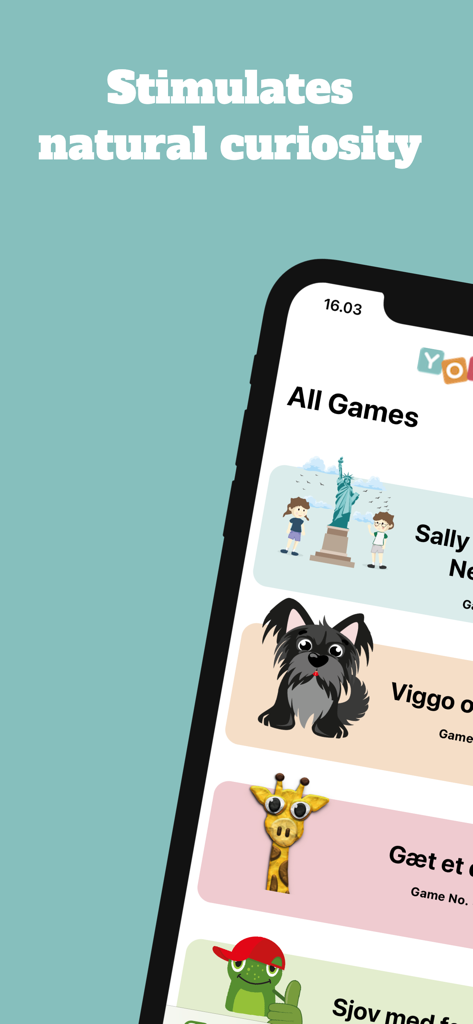 Mobile Oberfläche der Play Yoli App, die eine Liste von Lernspielen mit bunten Tierfiguren anzeigt