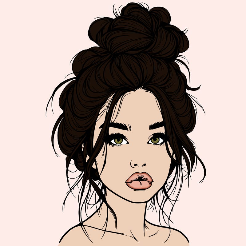 realistic girl with a messy bun and she has lips