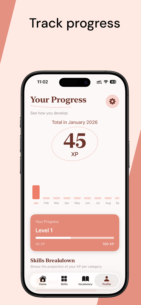 Toky: AI Communication Coach - Panel de progreso de la app Toky mostrando puntos de experiencia del usuario, nivel de progreso y seguimiento mensual de habilidades de comunicación