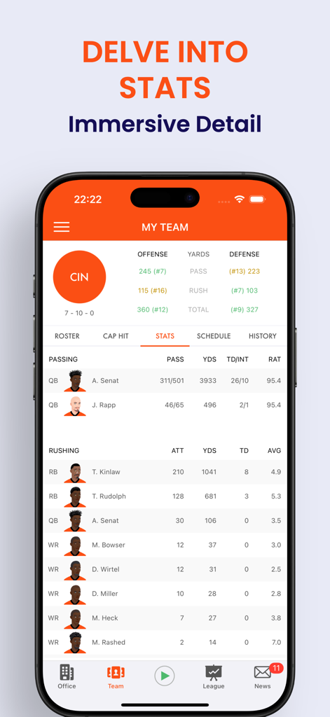 Pocket GM 3: Football Sim - Pocket GM 3 Football Sim mobile app interface showing detailed team and player statistics for American football management.