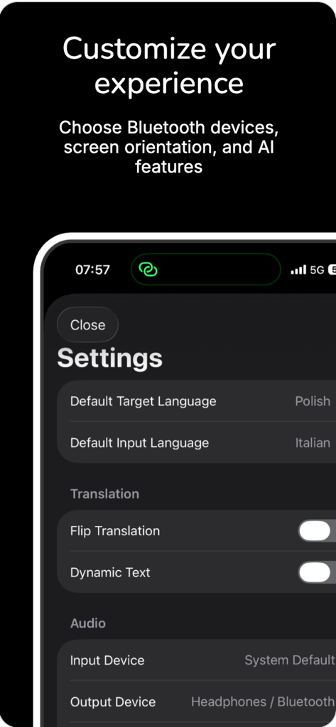Parrot - Translator - Parrot Translator settings screen showing customization options for languages and audio devices