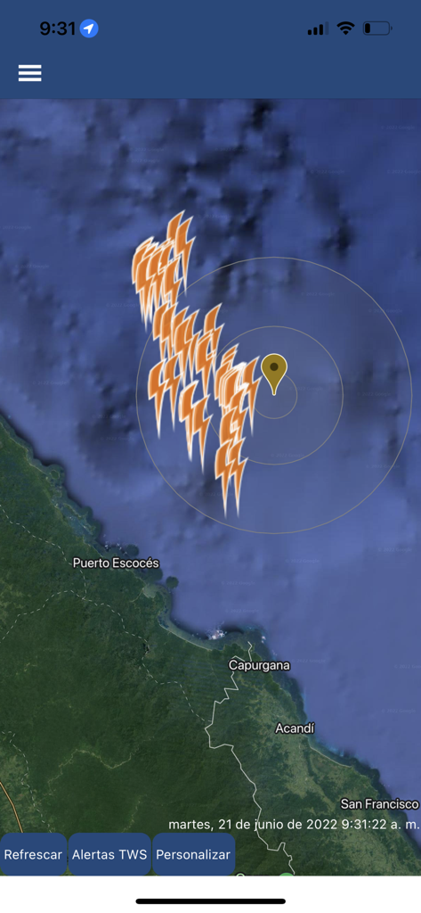 Keraunos Life Preserver - Real time lightning strike monitoring on a satellite map with safety range circles and point of interest marker