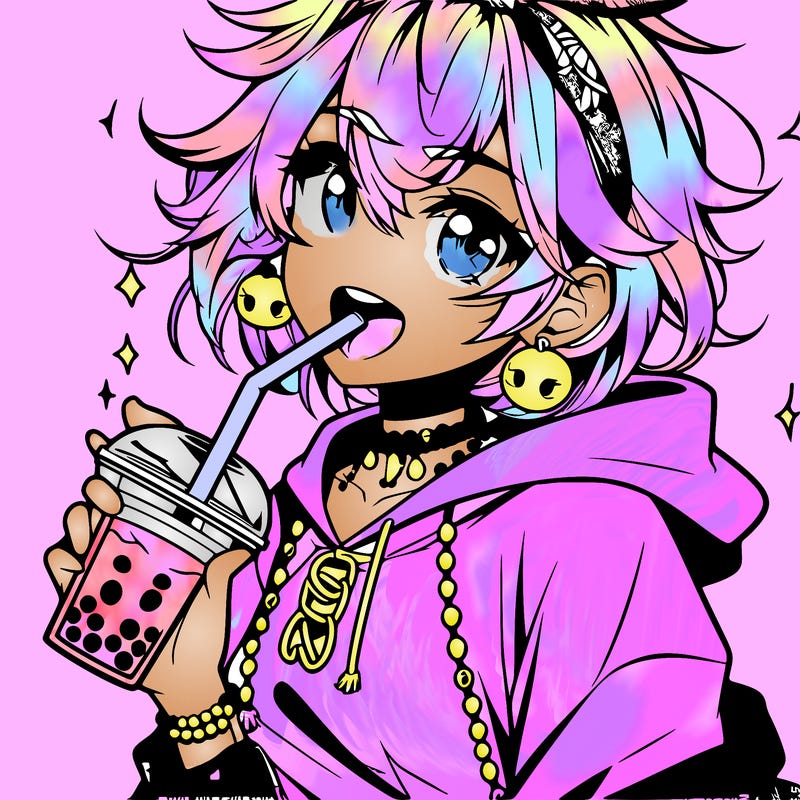 hot baddie anime girl drinking boba and biting the straw