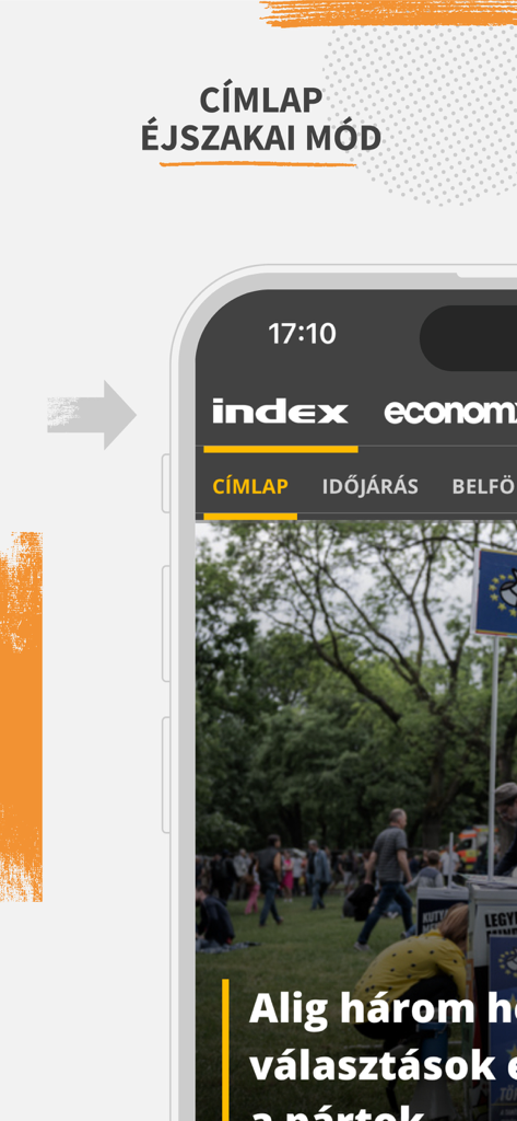 Index.hu - Interfaccia dell'app mobile Index.hu in modalità oscura con la homepage delle notizie.