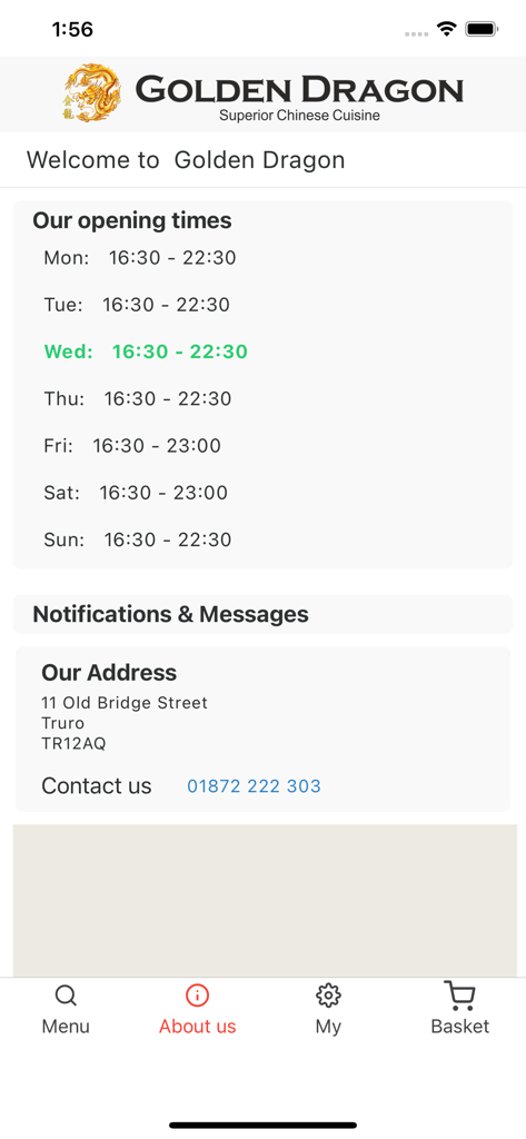 Pantalla de la aplicación Golden Dragon Truro que muestra el horario de apertura y la información de contacto del restaurante