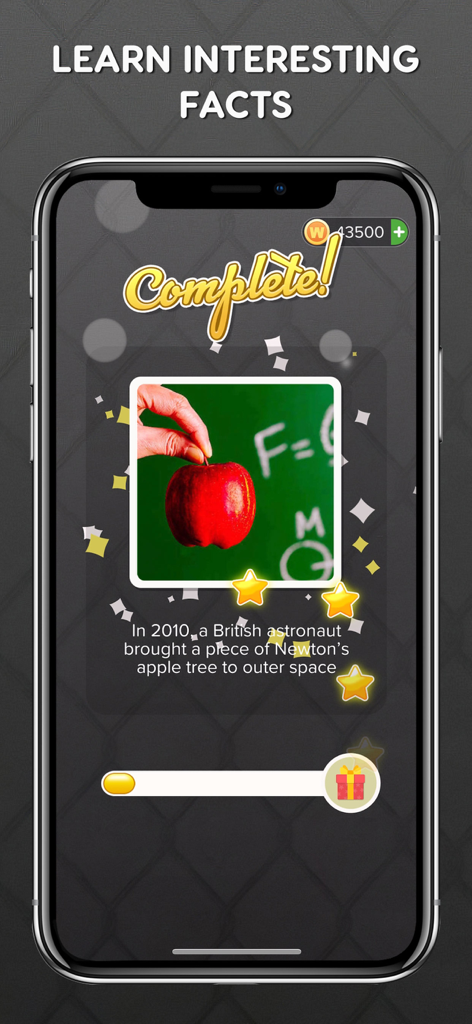 Mini Crossword Easy Daily - A mobile game screen showing a crossword puzzle completion with a trivia fact about Newton's apple tree and an image of a red apple.