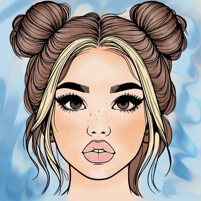 realistic girl with two buns on her hair and lips