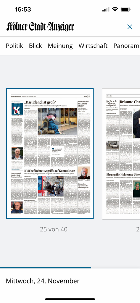 E-Paper-KSTA - Digitale Benutzeroberfläche der KSTA E-Paper-App, die eine exakte Nachbildung der gedruckten Zeitung Kölner Stadt-Anzeiger zeigt