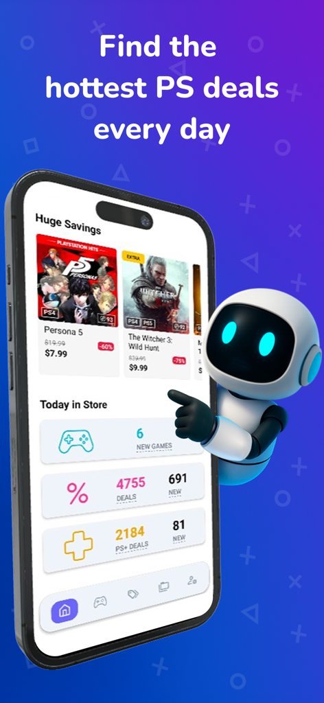 Una interfaz de aplicación móvil que muestra descuentos de juegos de PlayStation y estadísticas de la tienda con un personaje robot apuntando a la pantalla