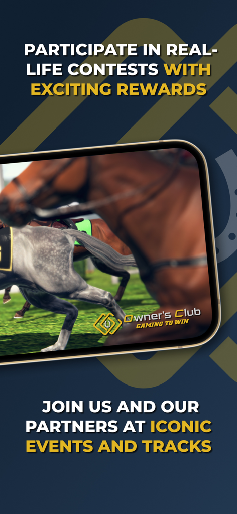 Owners Club Horse Racing 게임의 실제 콘테스트 및 상징적인 트랙 이벤트 강조 홍보 스크린샷