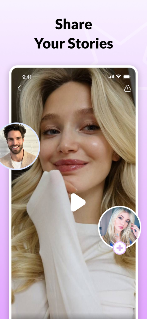 andu - Andu app interface displaying the Share Your Stories feature with a video of a smiling woman and user profiles.