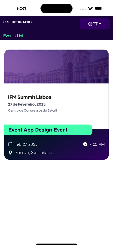 IFM Summit - IFM Summit app interface showing the events list and details for the Lisboa summit.