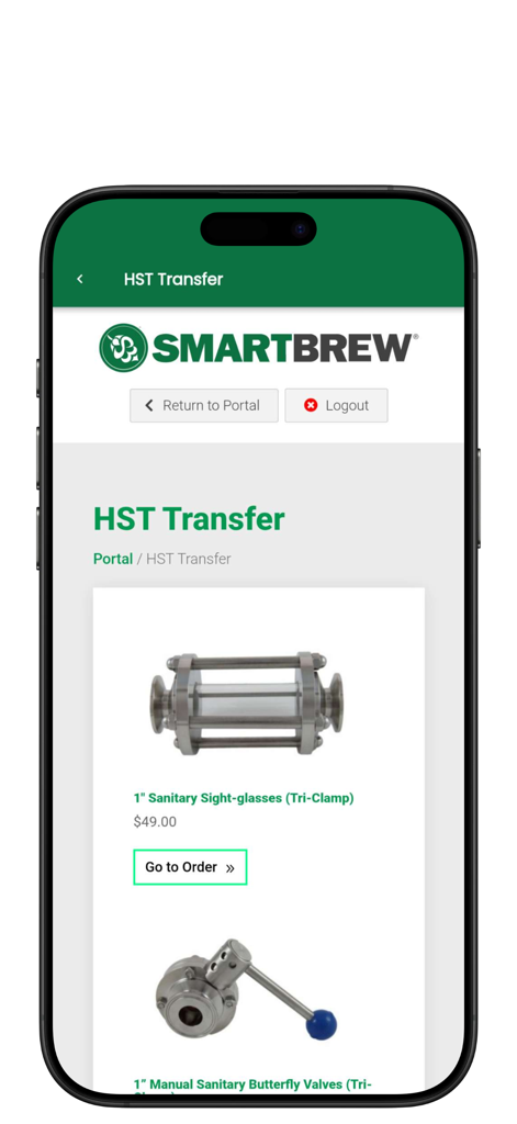 SmartBrew - SmartBrew mobile app interface showing a B2B catalog for commercial brewing parts like sanitary sight glasses and valves.