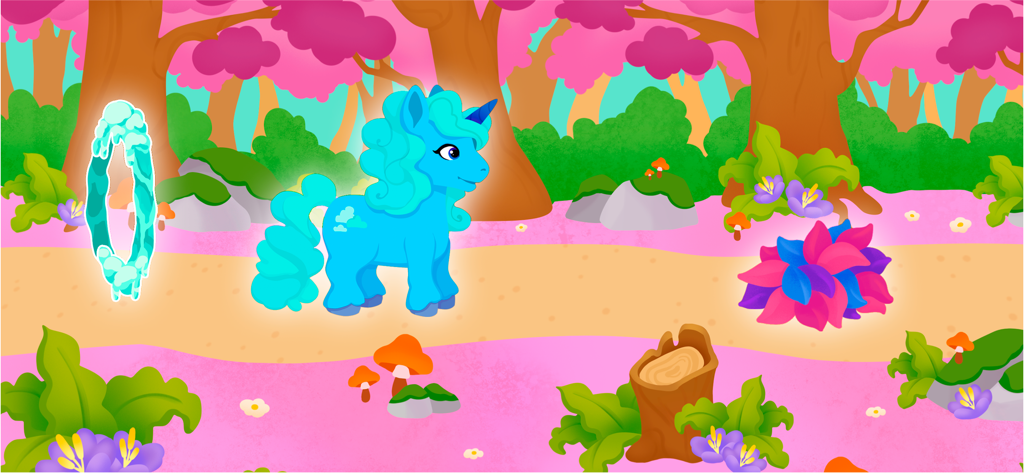 Unicorn Run Kids Games 0+ - A blue unicorn walking through a magical pink forest in a kids game
