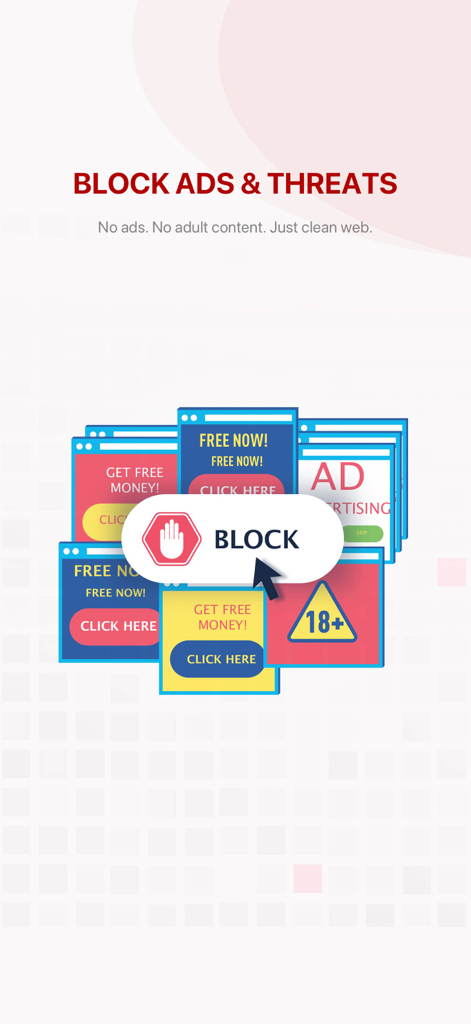 Captura de pantalla de la aplicación 5UF VPN que demuestra su capacidad para bloquear anuncios y amenazas para una experiencia de navegación web limpia