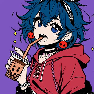 hot baddie anime girl drinking boba and biting the straw
