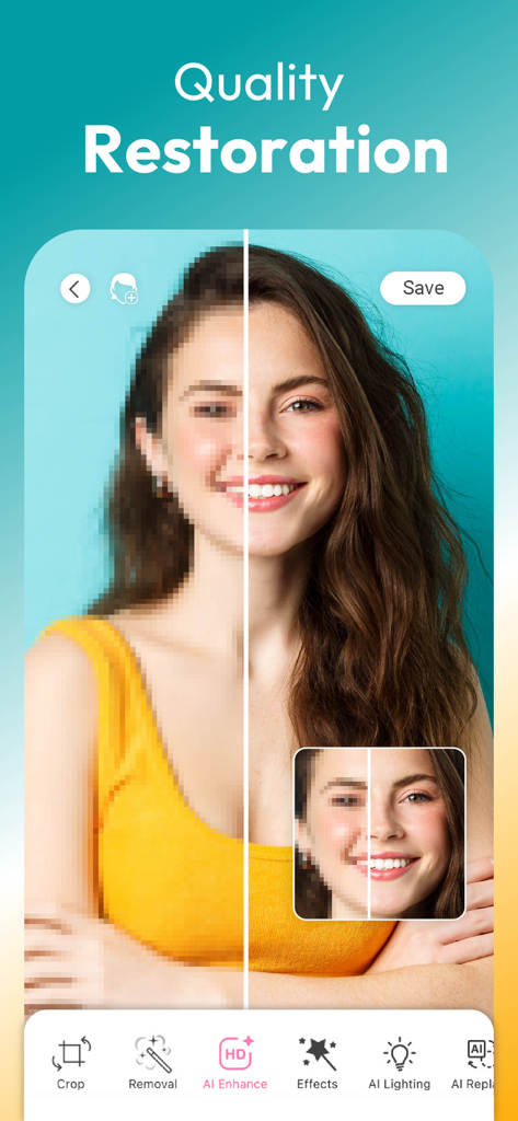 A before and after comparison showing a pixelated portrait being restored to high definition using the AI Enhance feature