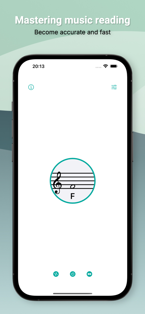 Random music notes generator - Smartphone screen showing a treble clef staff with the note F for music sight reading practice.