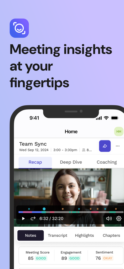 Interface do aplicativo Read AI mostrando insights de reunião com resumo em vídeo e pontuações de engajamento