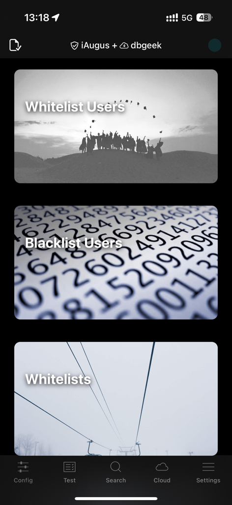 Sifter - Spam SMS Filter - Sifter app configuration screen showing options for Whitelist Users, Blacklist Users, and Whitelists.