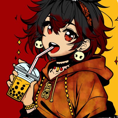hot baddie anime girl drinking boba and biting the straw