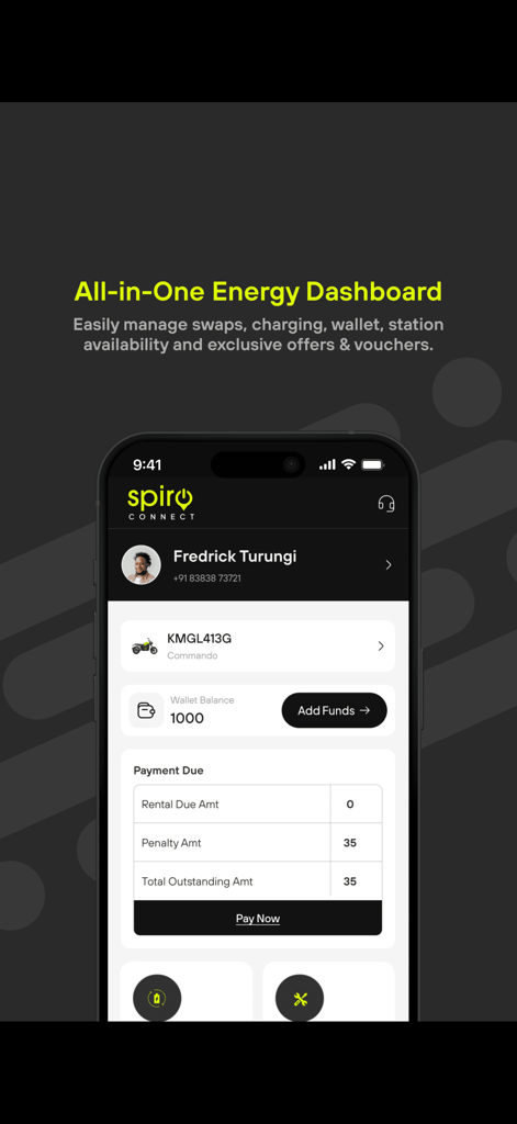 Spiro Connect app interface showing the energy dashboard with vehicle info, wallet balance, and payment details